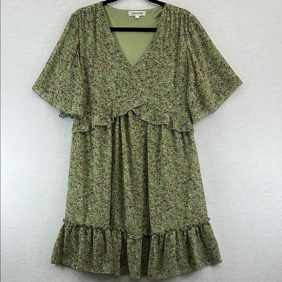 Manydress Dress Sz L Green Floral Print Flutter Sleeves V-Neck Ruffled Hem EUC - Picture 1 of 8